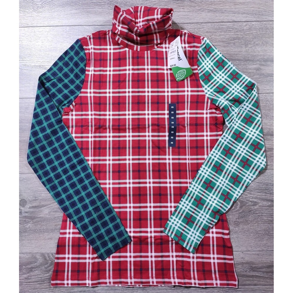 Lands End Turtleneck Womens XS 2-4 Red Green Plaid Baselayer Top 475643